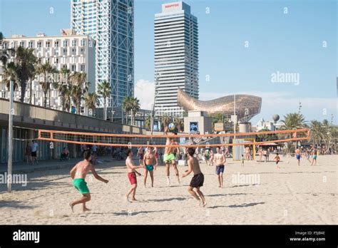 Beach Volleyball On Barceloneta Beach Urban Beach Warning Danger