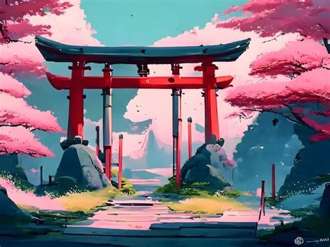 Ilustración del paisaje de la puerta torii Foto Premium