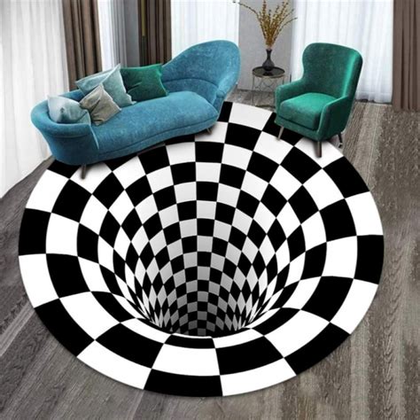 D Round Carpet Bottomless Hole Optical Illusion Area Rug Checkered