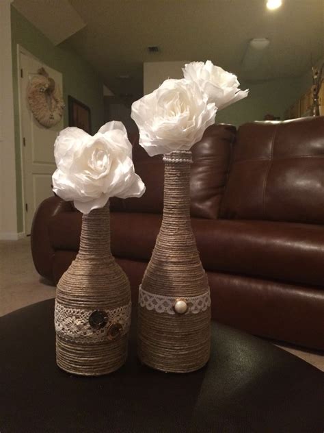 Twine Wrapped Wine Bottles And Coffee Filter Roses Twine Bottles