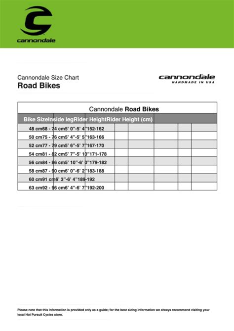 Cannondale Road Bikes Size Chart printable pdf download