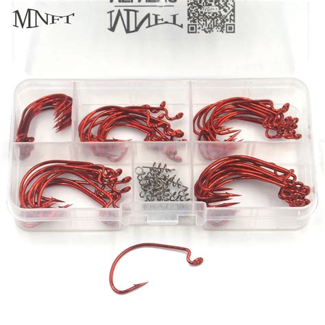 MNFT 60Pcs Texas Rig Wrom Hooks High Carbon Steel Red Crank Hooks & 15Pcs Soft Bait Spring Lock ...