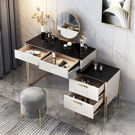 Aro Modern Makeup Vanity With Flip Top Mirror And Side Cabinet Expandable Dressing Table With