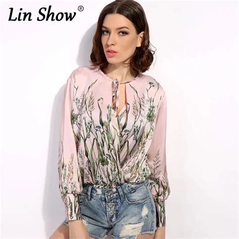 Linshow 2017 Spring Floral V Neck Long Sleeves Button Women Loose