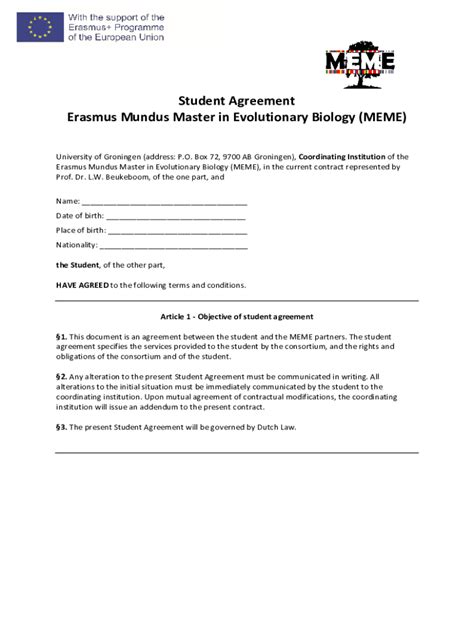 Fillable Online Fillable Online Student Agreement Erasmus Mundus Master