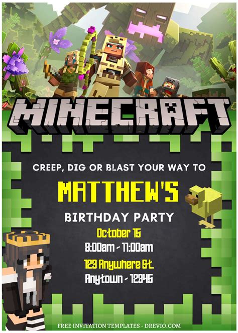 Free Editable PDF Fun Pixel Party Minecraft Birthday Invitation