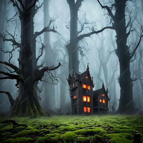 Premium AI Image | A haunted house in a dark forest with the lights on.