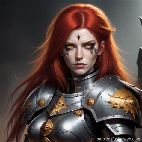 Armor Clad Red Haired Woman With Yellow Eyes In Warhammer 40k Style