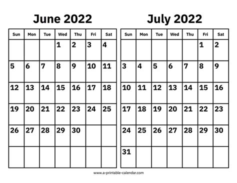 June And July 2022 Calendar A Printable Calendar