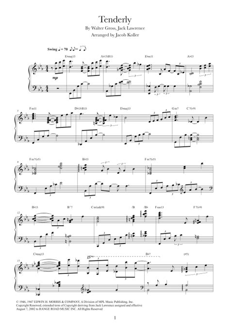 Tenderly Arr Jacob Koller By Jack Lawrence Sheet Music For Piano Solo At Sheet Music Direct