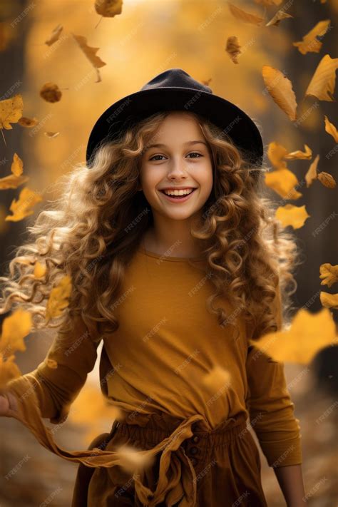 Premium Ai Image A Girl In A Black Hat And Curls On Her Hair Walks Under The Falling Leaves