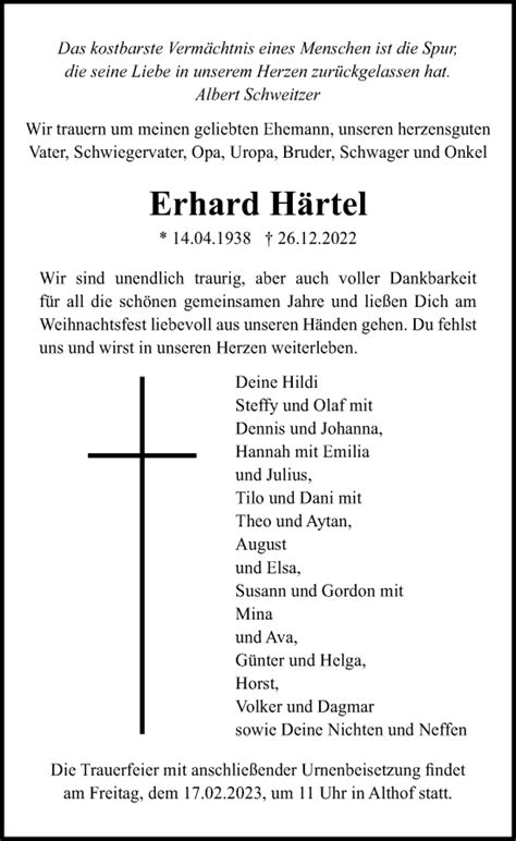 Traueranzeigen von Erhard Härtel trauer anzeigen de