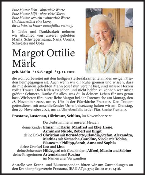 Todesanzeigen von Margot Ottilie Märk Todesanzeigen Vorarlberger