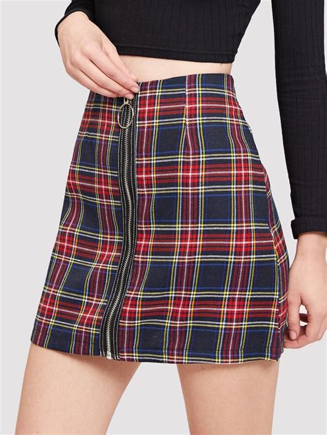 O Ring Zip Front Plaid Skirt Saias Roupas Coloridas Roupas Bonitas