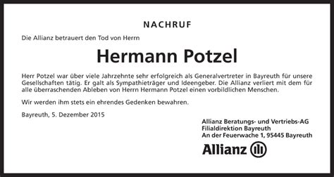 Traueranzeigen Von Hermann Potzel Nordbayerischer Kurier