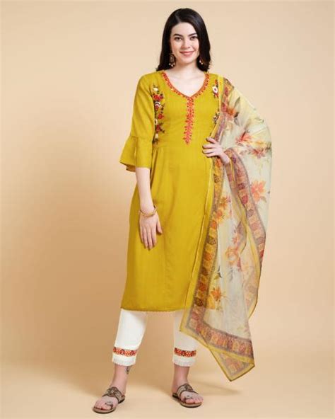 Buy MOJILAA Women S Mustard Rayon Floral Embroidered Kantha Work Kurta