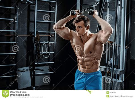 Muscular Man Posing In Gym Shaped Abdominal Strong Male Naked Torso