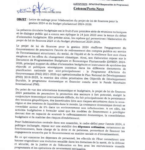 Lettre De Cadrage Pour L Laboration Du Projet De Loi De Finances Pour