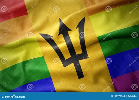 Waving Barbados Rainbow Gay Pride Flag Banner Stock Photo Image Of