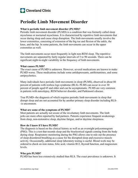 Periodic Limb Movement Disorder Cleveland Clinic