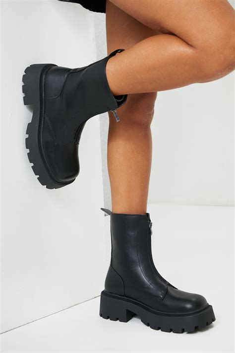 Black Chunky Zip Front Biker Boots Shoes Prettylittlething