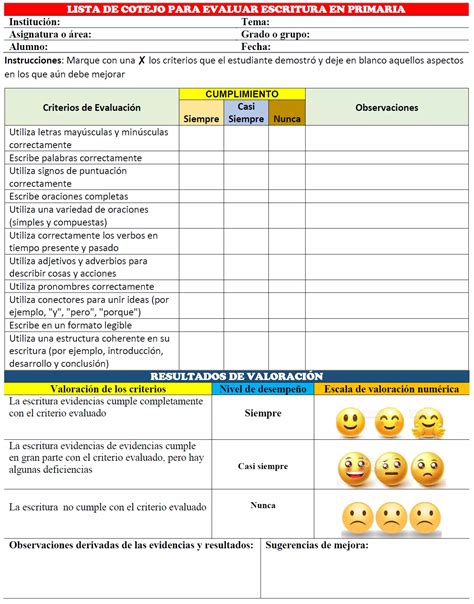 Lista De Cotejo Para Evaluar La Escritura En Primaria