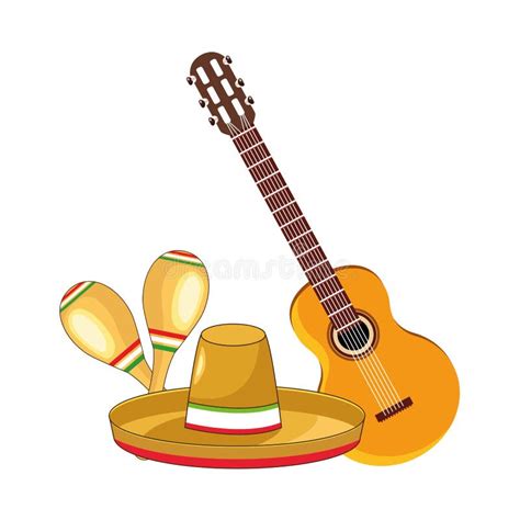 Traditional Mexican Hat With Guitar And Maracas Stock Vector