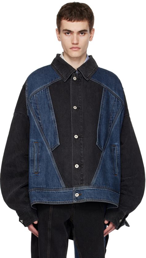 Black Blue Paneled Denim Jacket By Feng Chen Wang On Sale