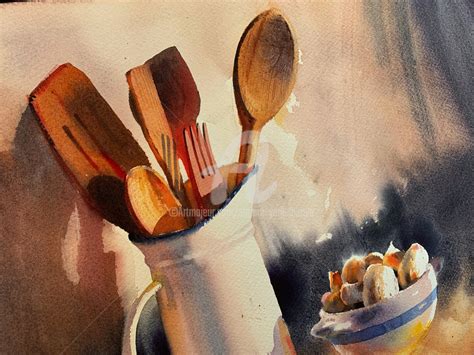 Jug With Wooden Spoons Peinture Par Samira Yanushkova Artmajeur