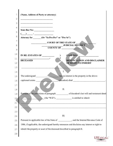 Inheritance Disclaimer Forms Printable For Employee To Sign Us Legal