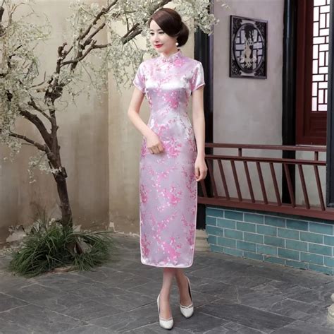 Hot Sale Pink Vintage Silk Satin Cheongsam Qipao Chinese Women Long