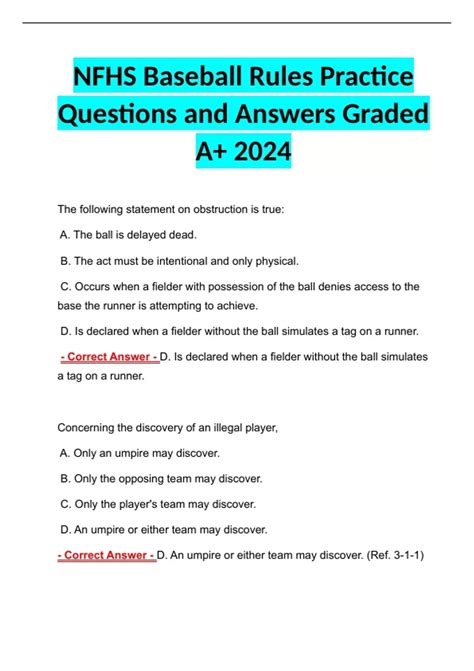 Nfhs Baseball Rules Practice Questions And Answers Graded A