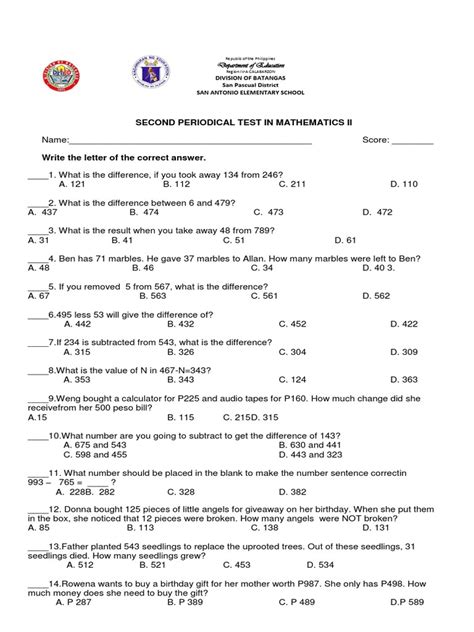 2nd Periodic Test Math Pdf Subtraction Multiplication