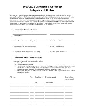 Fillable Online Independent 20202021 Verification Worksheet Federal