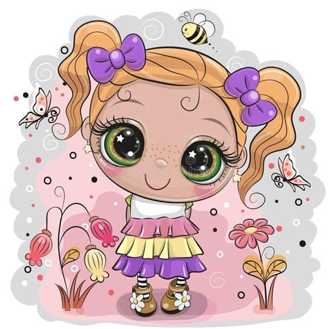 Girl With Butterflies And Flowers On The Meadow Cute Cartoon Girl With