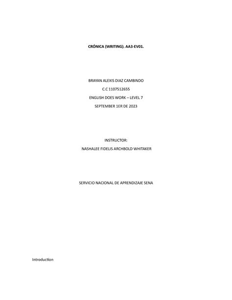 Cronica CRÓNICA WRITING AA3 EV01 BRAYAN ALEXIS DIAZ CAMBINDO C