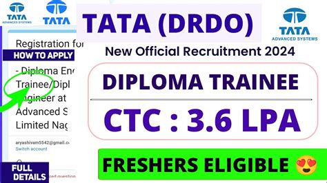 TATA DRDO New Recruitment 2024 Diploma Trainee Freshers CTC 3 6