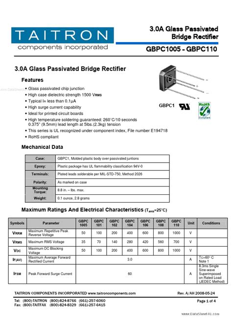 GBPC110 Datasheet GBPCxxx 3 0A Glass Passivated Bridge Rectifier