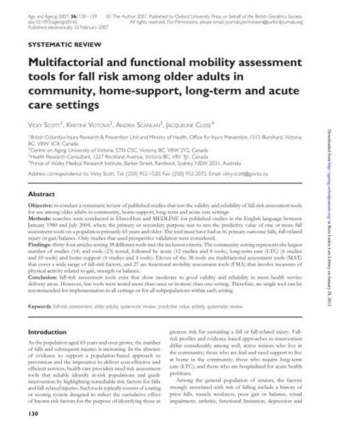 Multifactorial And Functional Mobility Assessment Tools For Fall Risk