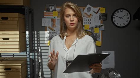 Blonde Woman Detective With Clipboard In A Police Station Office