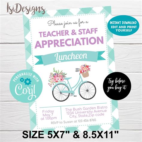 Teacher And Staff Appreciation Luncheon Invitation Editable Pta School