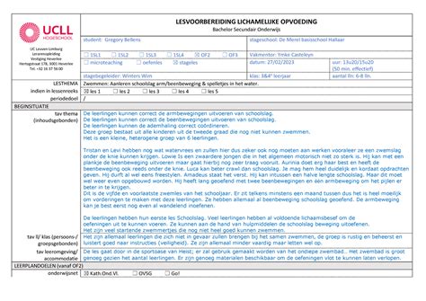 Les Lesvoorbereidingsformulier Zwemmen Uc Leuven