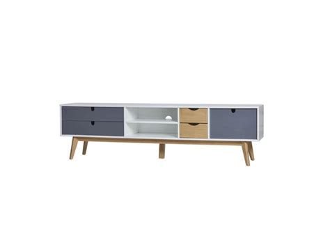 Meuble TV 4 Tiroirs 1 Porte Blanc Bois Gris NANO