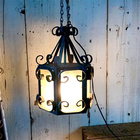 Spanish Wrought Iron Hanging Light W Gold Glass Panels Etsy