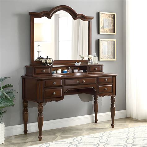 Traditional Makeup Vanity In Brown Rubber Wood Dressing Table Makeup