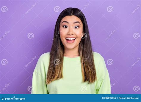 Photo Of Sweet Excited Lady Wear Green Sweatshirt Smiling Open Mouth