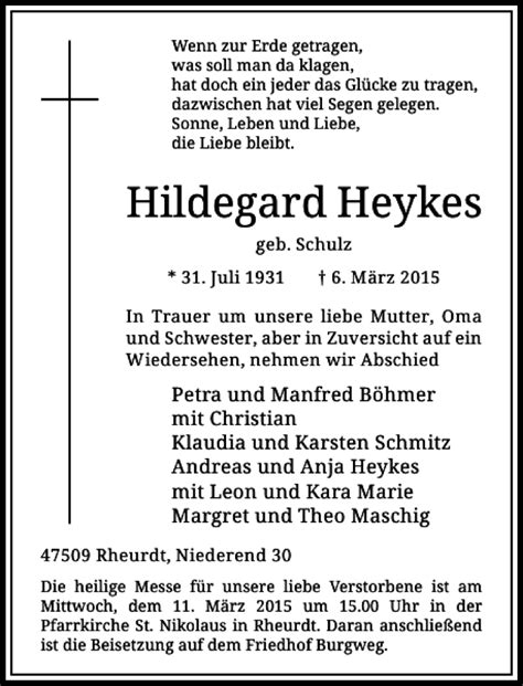 Alle Traueranzeigen für Heykes Hildegard trauer rp online de