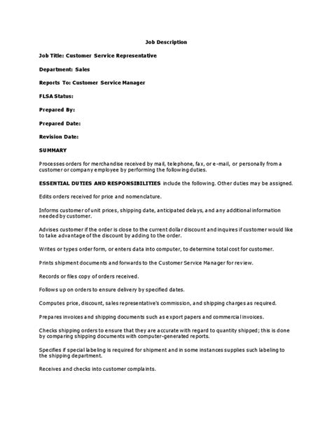 Customer Service Representative Job Description In Word And Pdf Formats