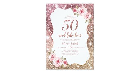 Sparkle Rose Gold Glitter And Floral 50th Birthday Invitation