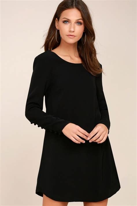 Upbeat Chic Black Long Sleeve Shift Dress Long Sleeve Black Shift